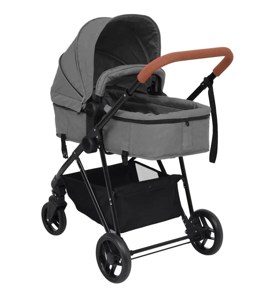 3-in-1 Kinderwagen Hellgrau und Schwarz Stahl