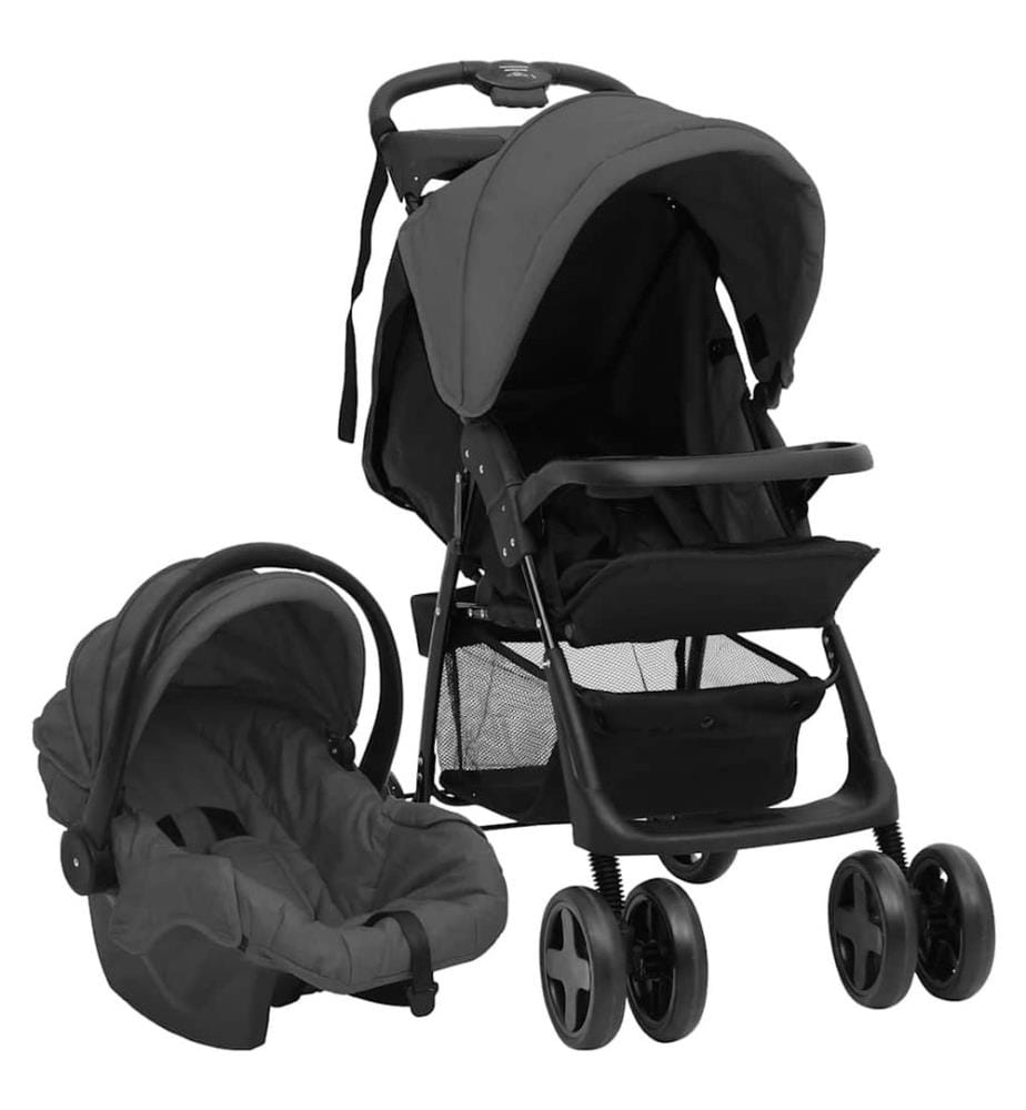 3-in-1 Kinderwagen Dunkelgrau und Schwarz Stahl
