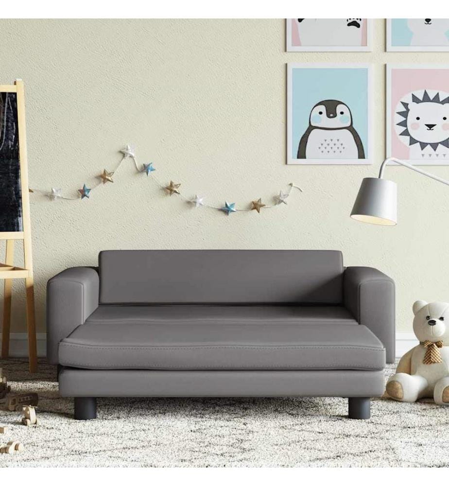 Kindersofa mit Hocker Grau 100x50x30 cm Kunstleder