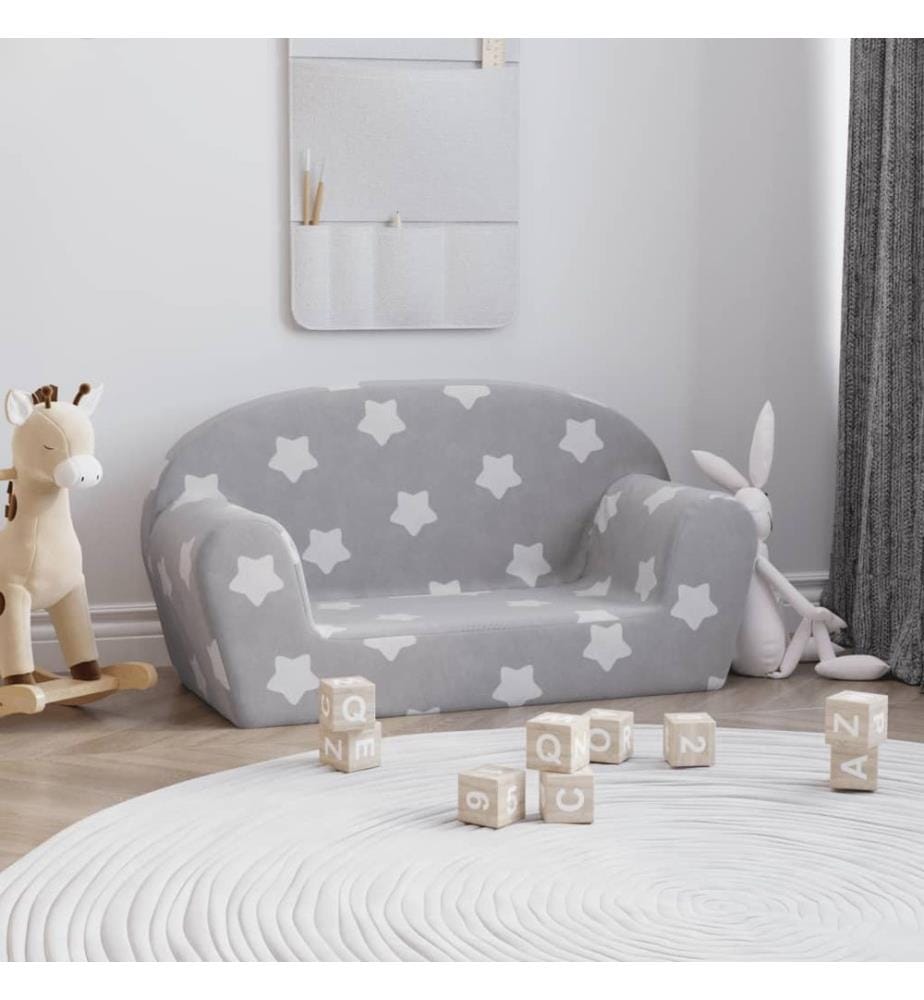 Kindersofa 2-Sitzer Hellgrau mit Sternen Weich Plüsch