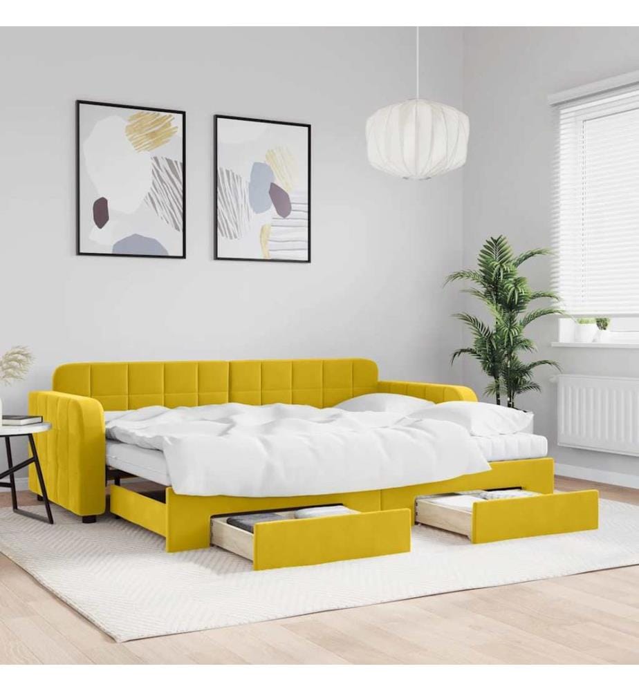 Lit de jour avec gigogne et tiroirs jaune 80x200 cm velours