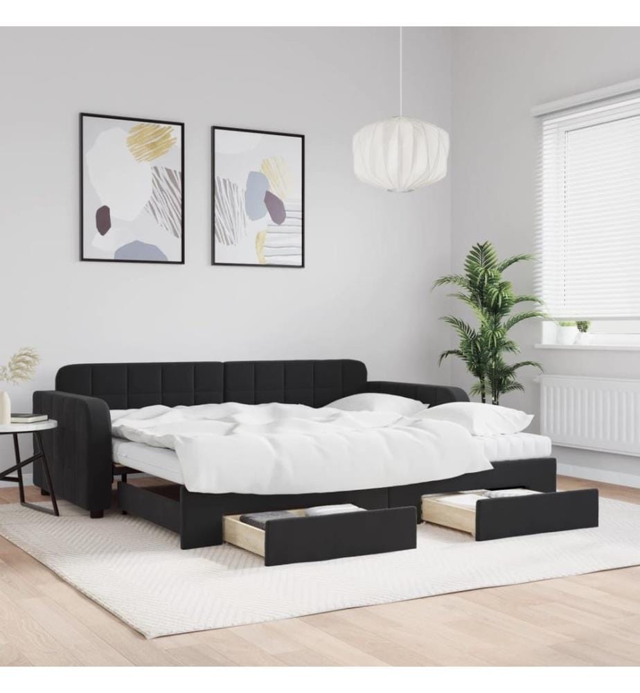 Lit de jour avec gigogne et tiroirs noir 90x200 cm velours