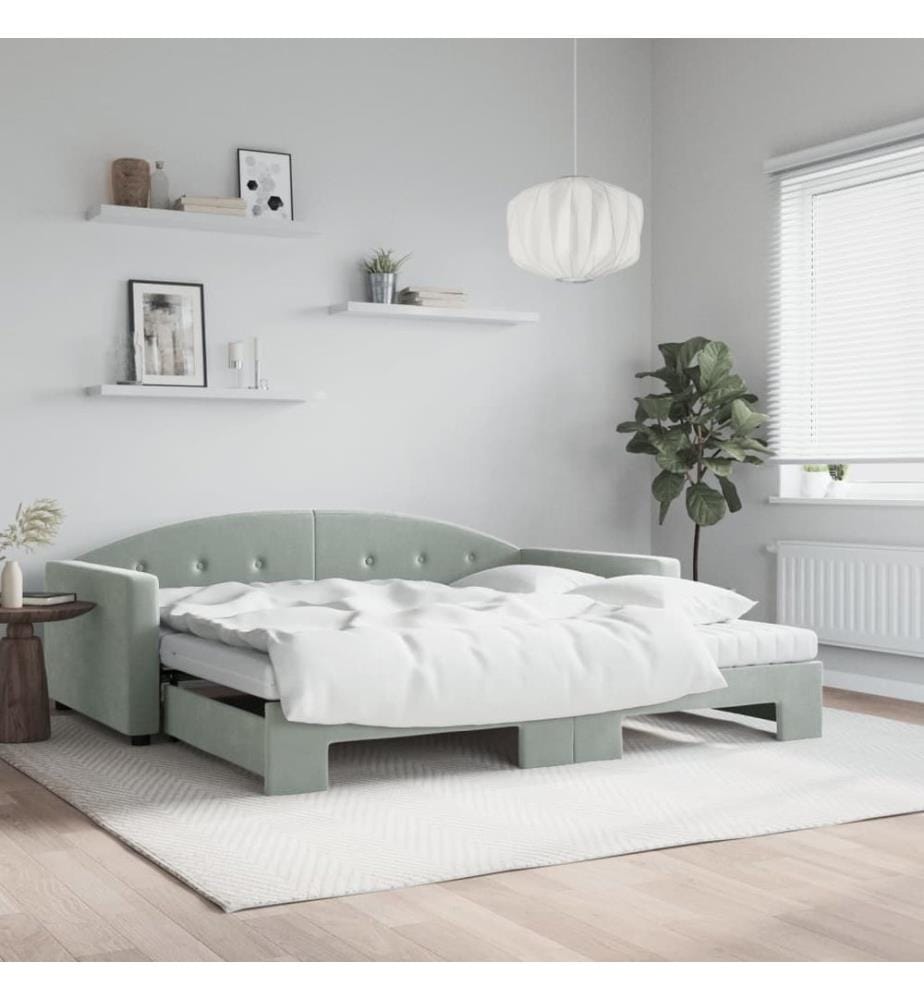 Lit de jour et gigogne et matelas gris clair 100x200 cm velours