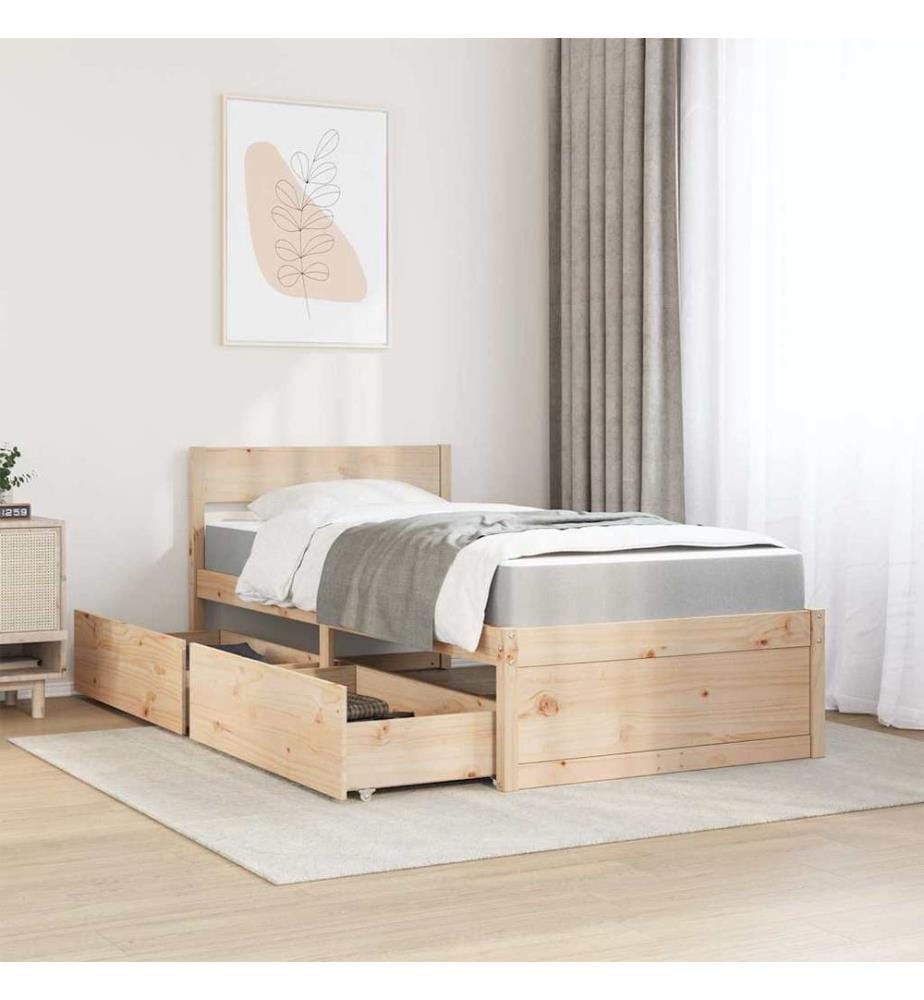 Lit avec tiroirs et matelas 90x200 cm bois massif de pin