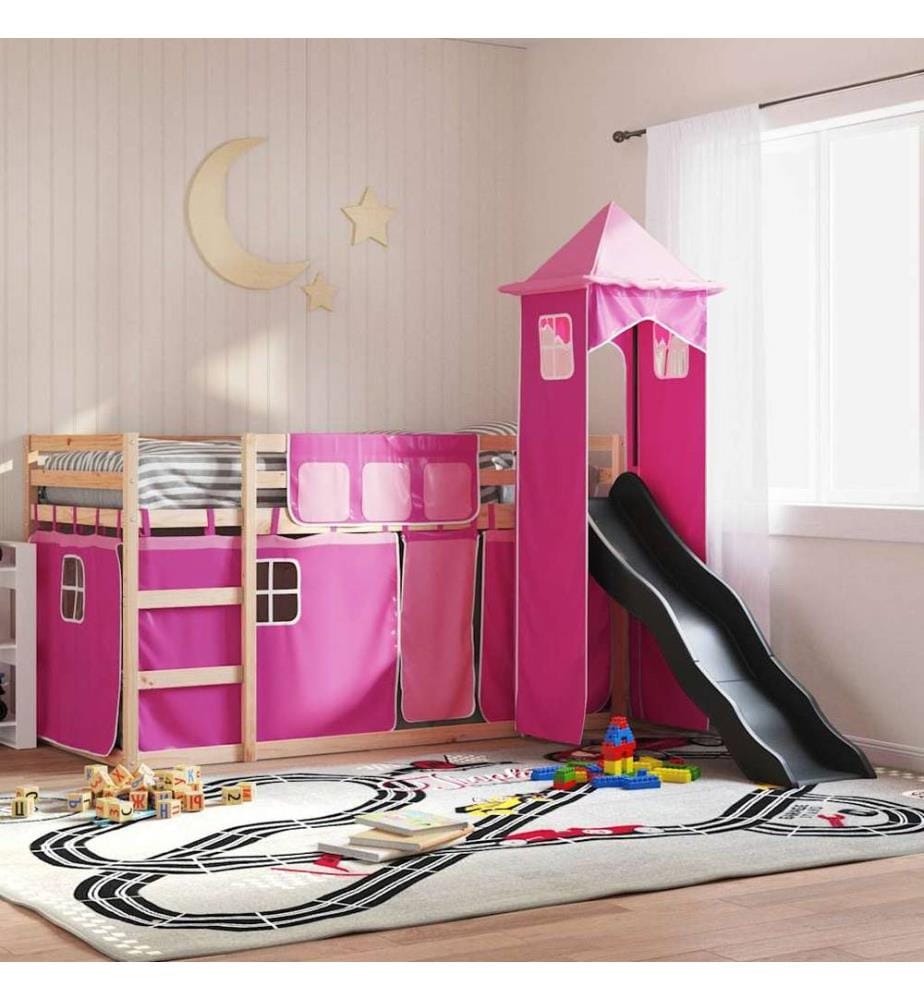 Lit superposé sans matelas avec toboggan et rideaux 80x200 cm