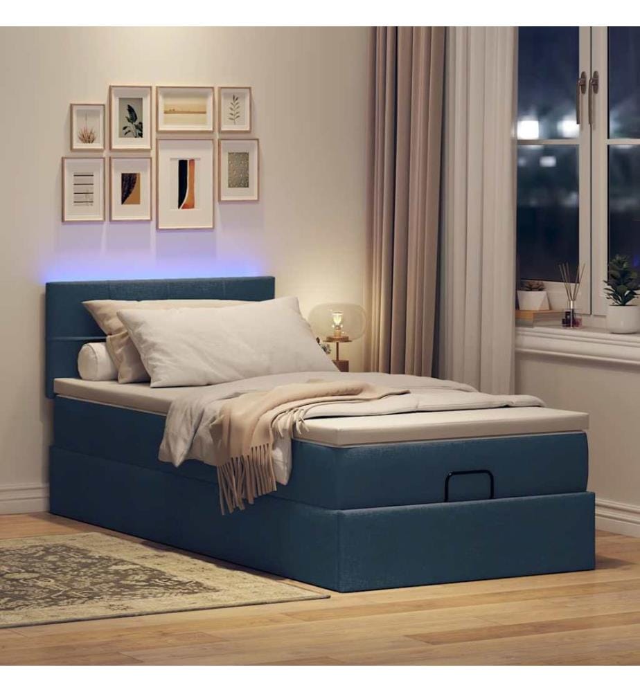 Ottomane Bett mit Matratze & LEDs Blau 90x200 cm Stoff