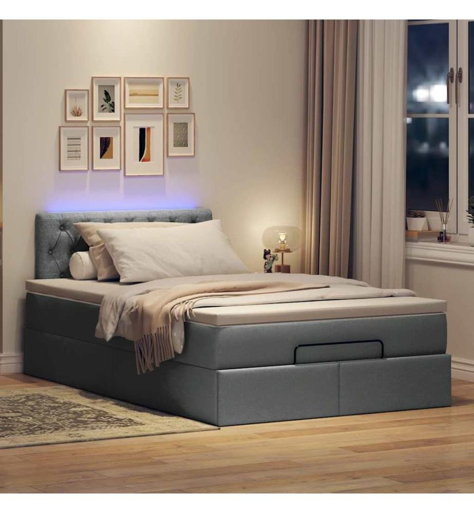 Ottomane Bett mit Matratze & LEDs Dunkelgrau 120x200 cm Stoff