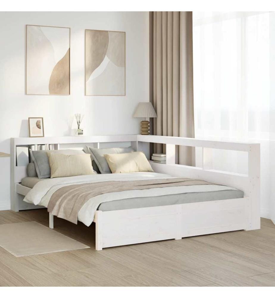 Lit bibliothèque sans matelas blanc 140x190 cm bois pin massif