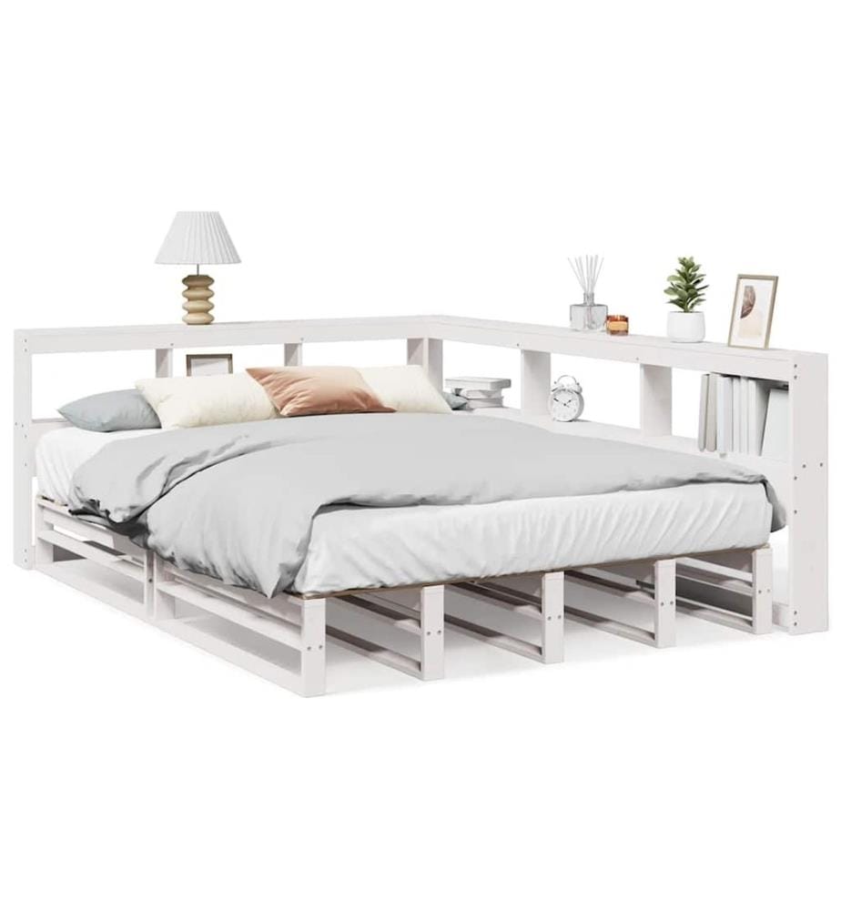 Lit bibliothèque sans matelas blanc 160x200 cm bois pin massif