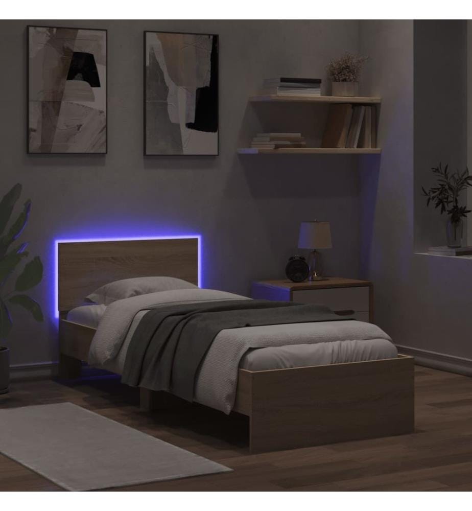 Bettgestell mit Kopfteil und LED-Leuchten Sonoma-Eiche 90x200cm