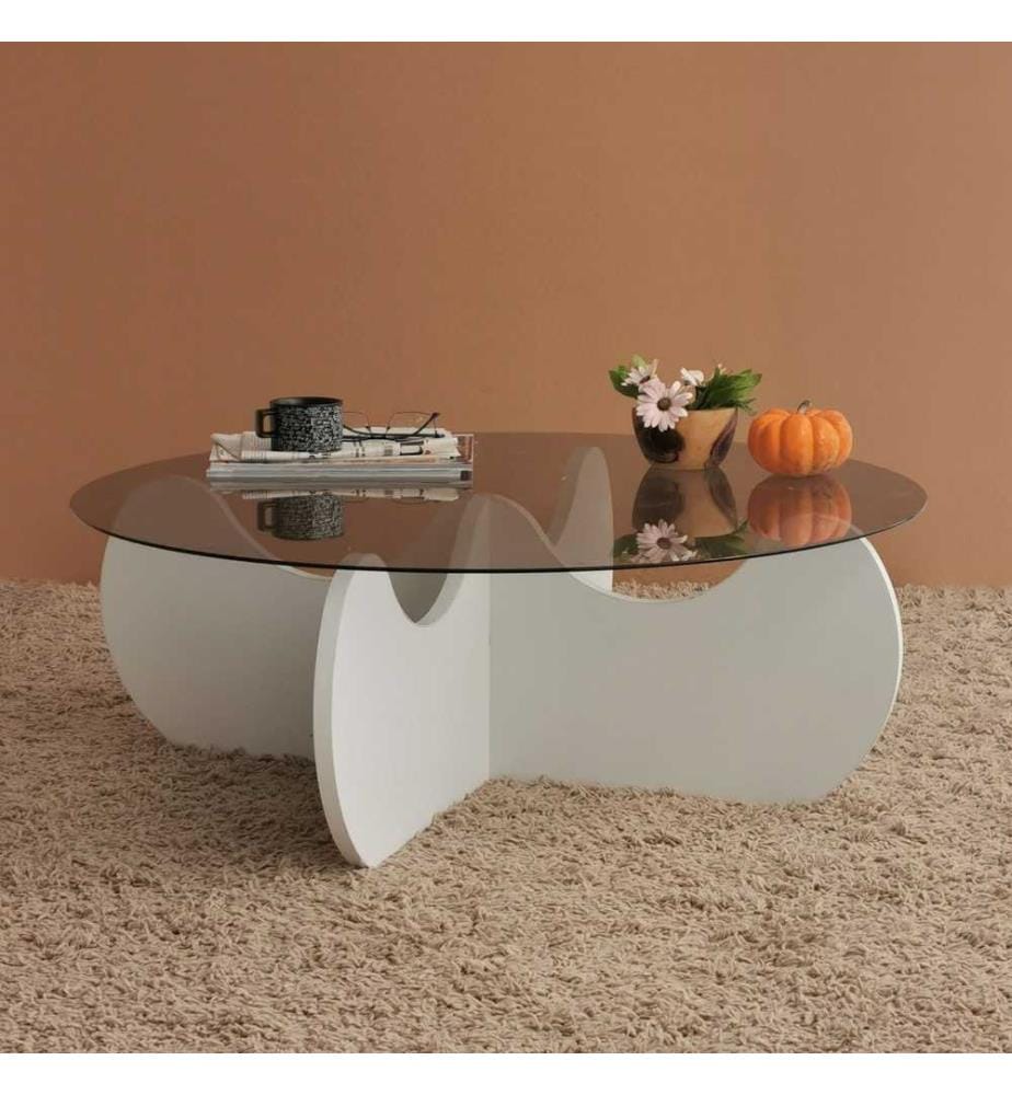 Table basse, blanc, verre trempé, cadre en panneaux de particules mélaminés