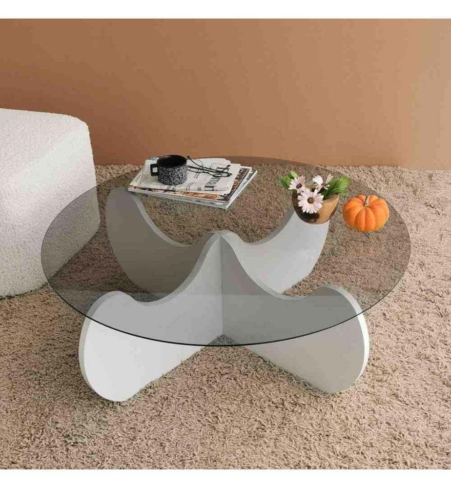 Table basse, blanc, verre trempé, cadre en panneaux de particules mélaminés