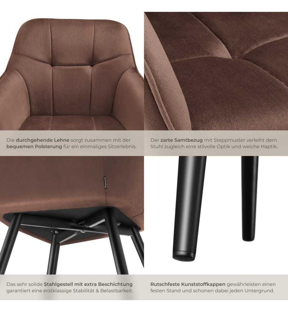 Dining Chair Marilyn - velvet look, quilted pattern - brownblack, Set of 6