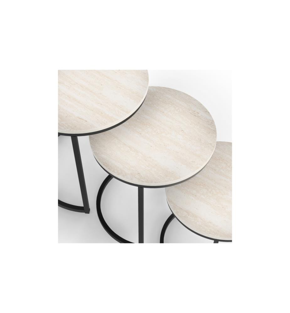 Lot de 3 Tables basses gigognes Memphis effet marbre blanc et pieds noirs