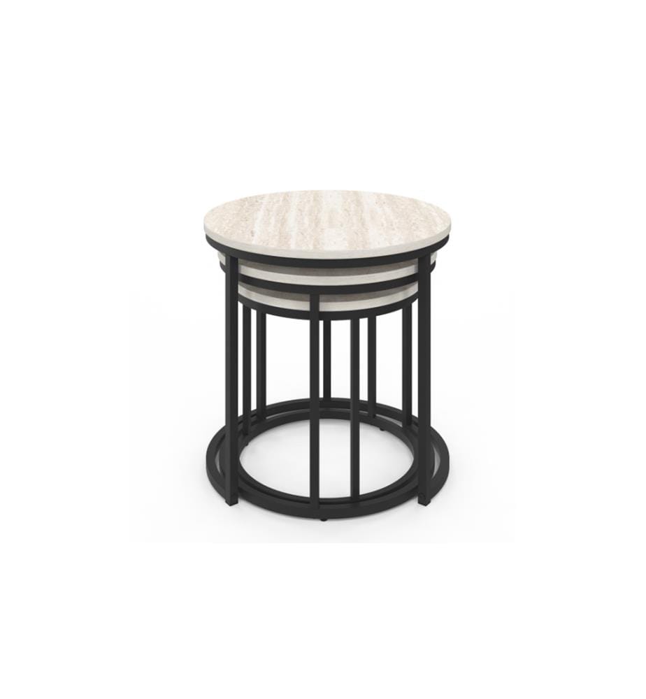 Lot de 3 Tables basses gigognes Memphis effet marbre blanc et pieds noirs