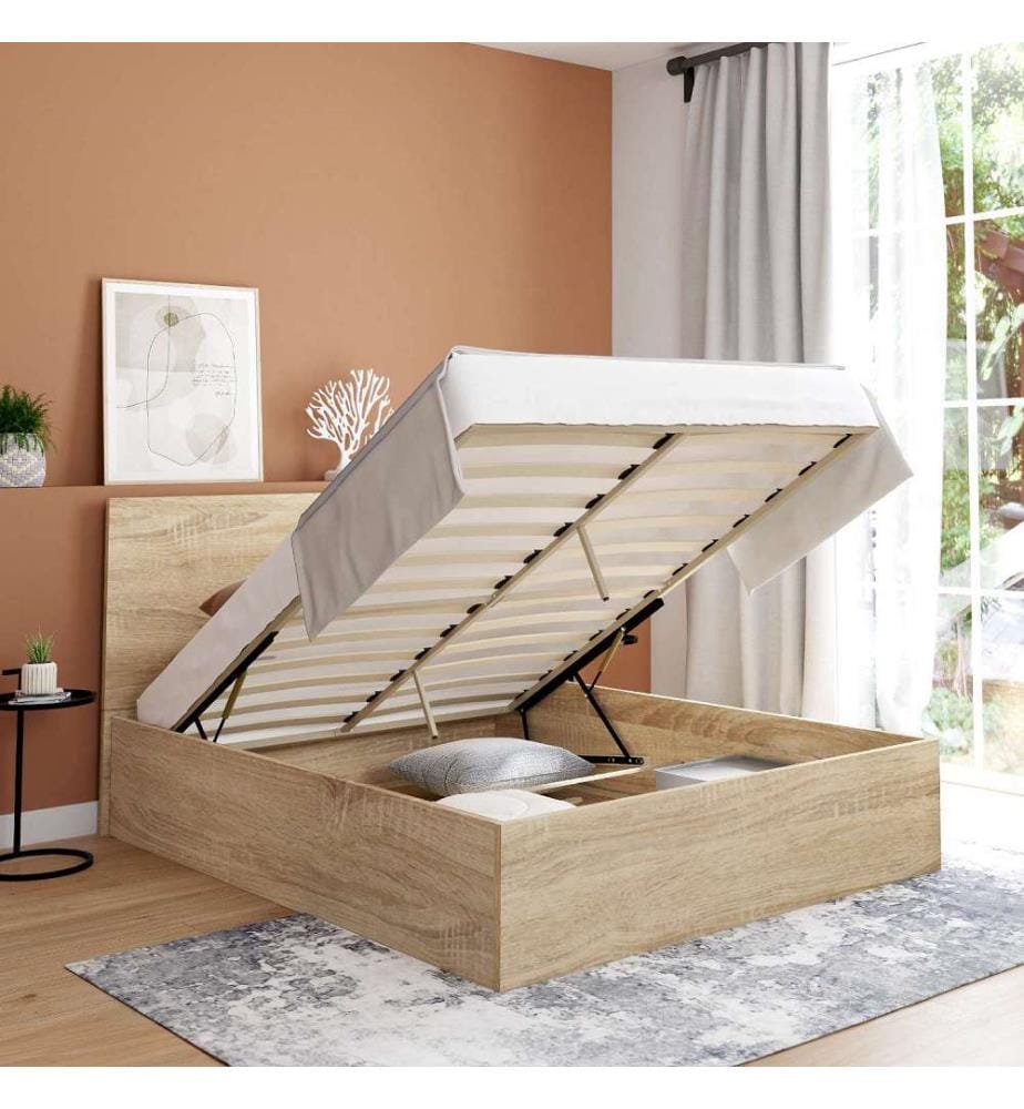 Lit coffre Sicilia avec sommier et tête de lit 140 x 190 cm - Brun