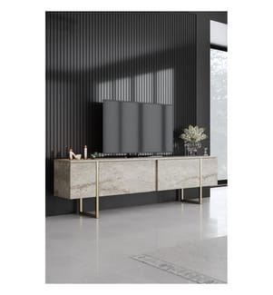 TV-Ständer, Travertin, Gold, 100 % melaminbeschichtete Spanplatte, Metallbeine