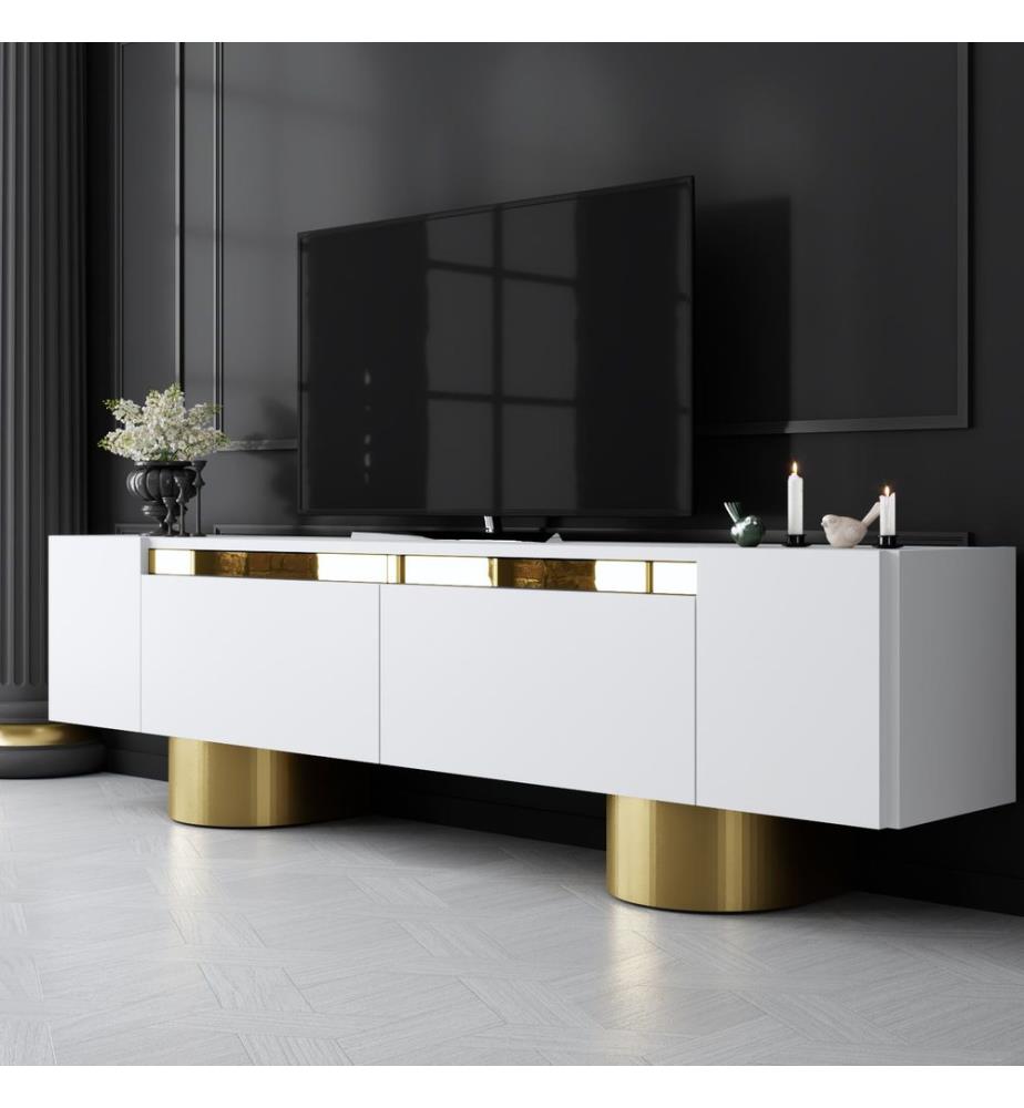 TV-Ständer, Weiss, Gold, 100 % melaminbeschichtete Spanplatte, Metallbeine
