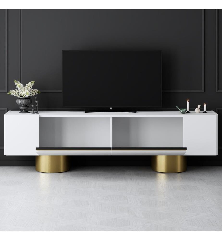 TV-Ständer, Weiss, Gold, 100 % melaminbeschichtete Spanplatte, Metallbeine