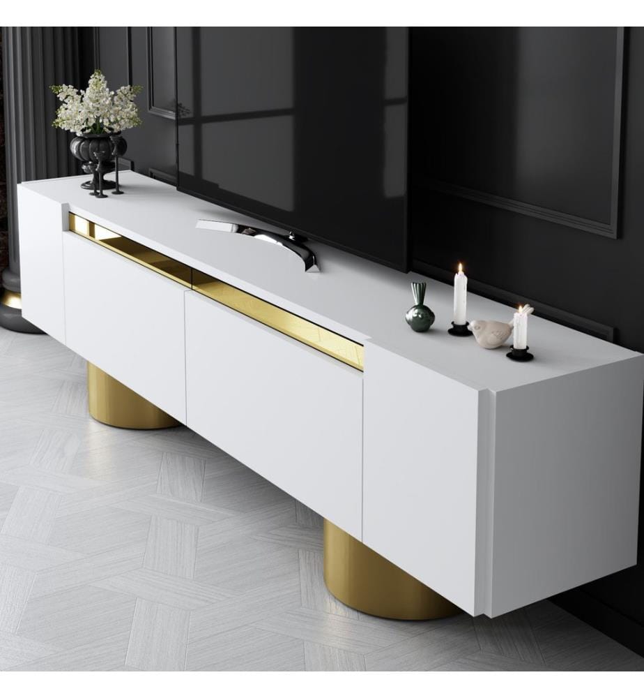 TV-Ständer, Weiss, Gold, 100 % melaminbeschichtete Spanplatte, Metallbeine
