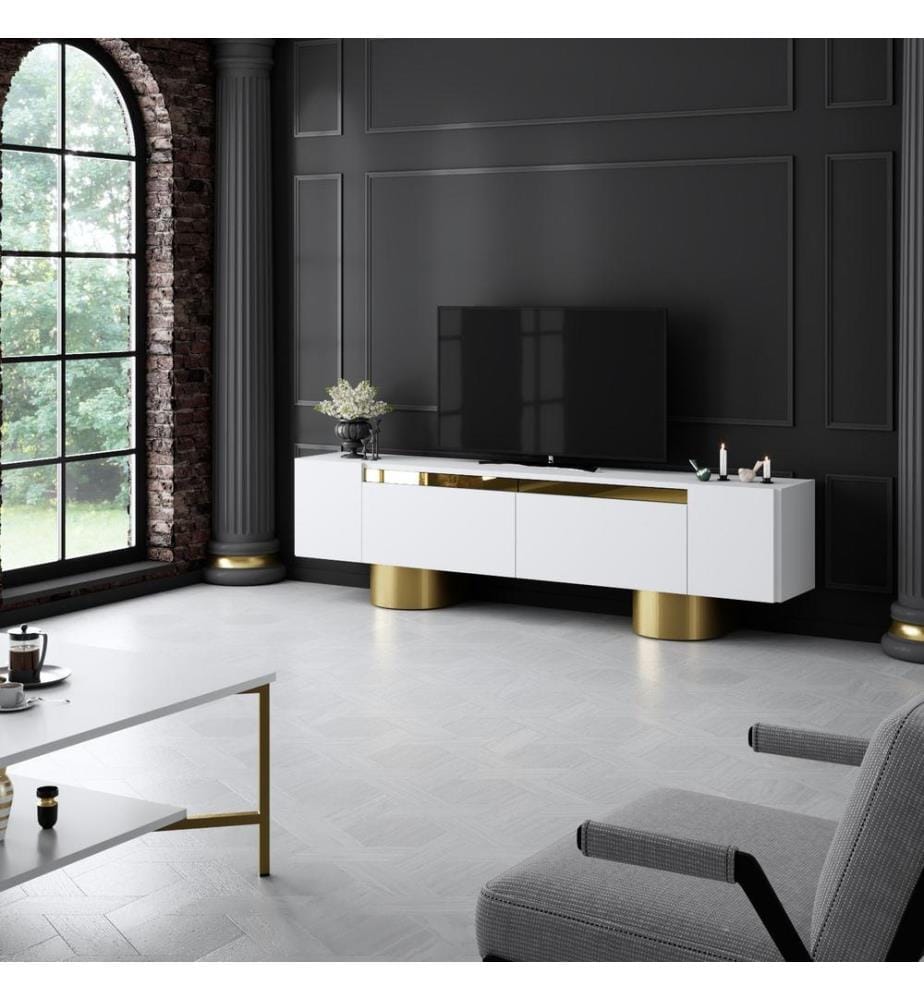 TV-Ständer, Weiss, Gold, 100 % melaminbeschichtete Spanplatte, Metallbeine
