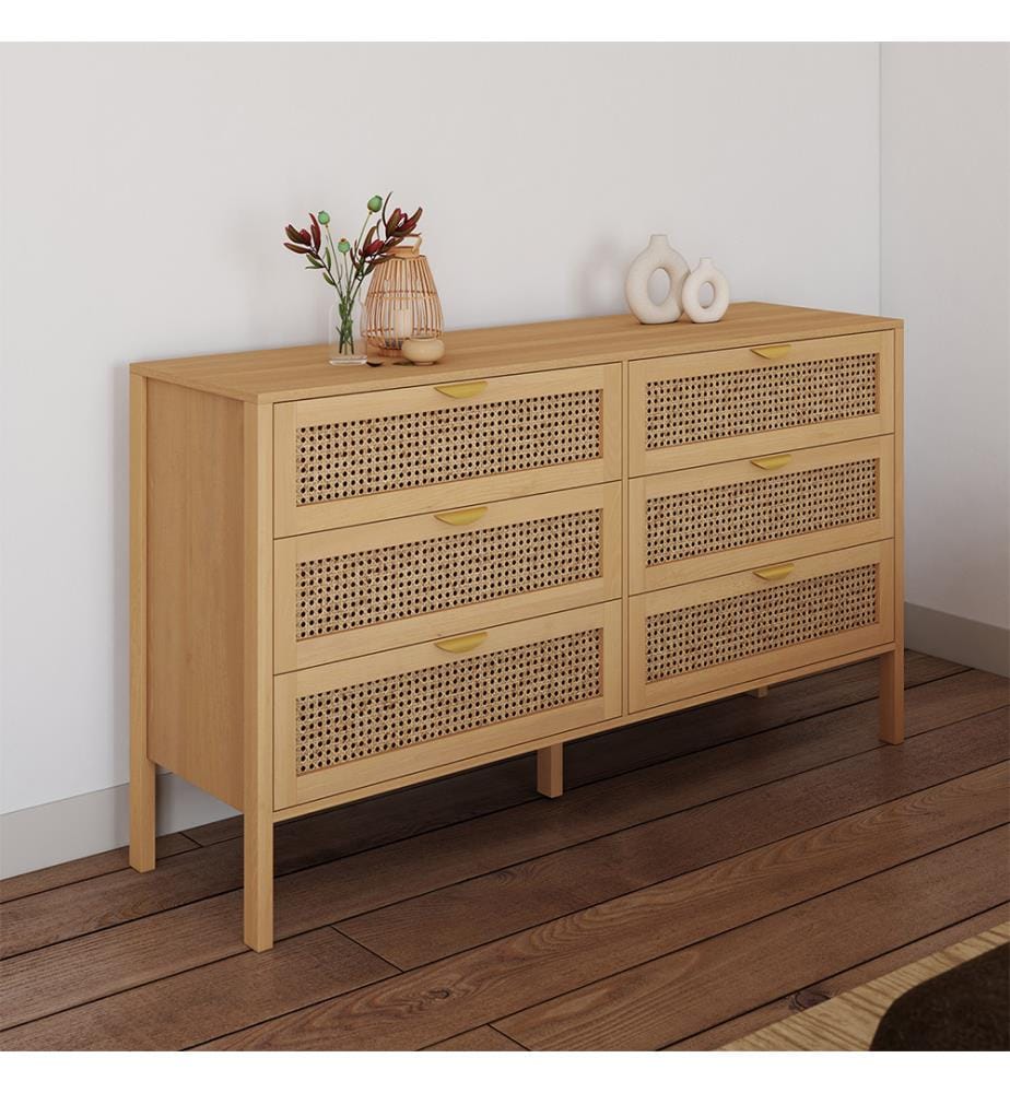 Kommode Eve 6 Schubladen aus Rohrgeflecht 140cm - Braun