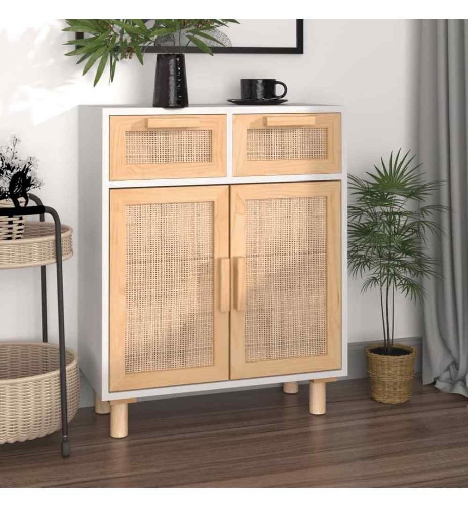 Sideboard Weiss 60x30x75 cm Massivholz Kiefer und Natur-Rattan