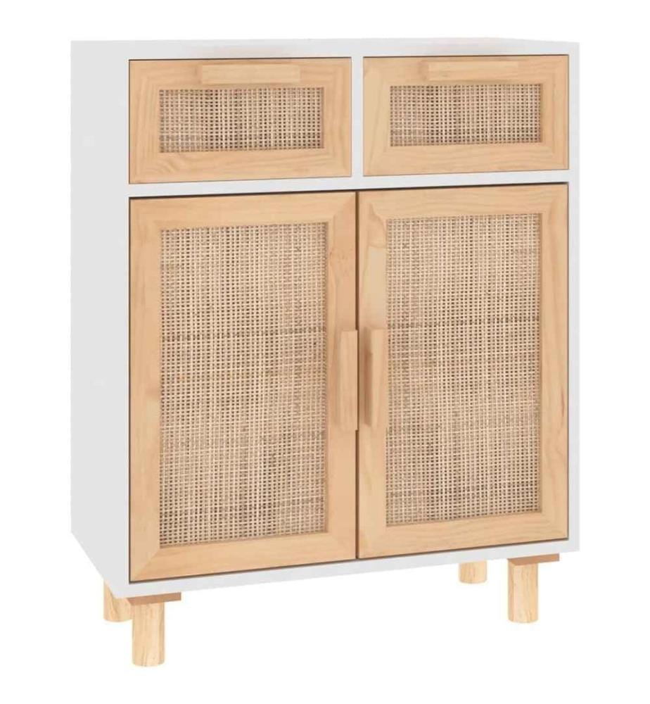 Sideboard Weiss 60x30x75 cm Massivholz Kiefer und Natur-Rattan