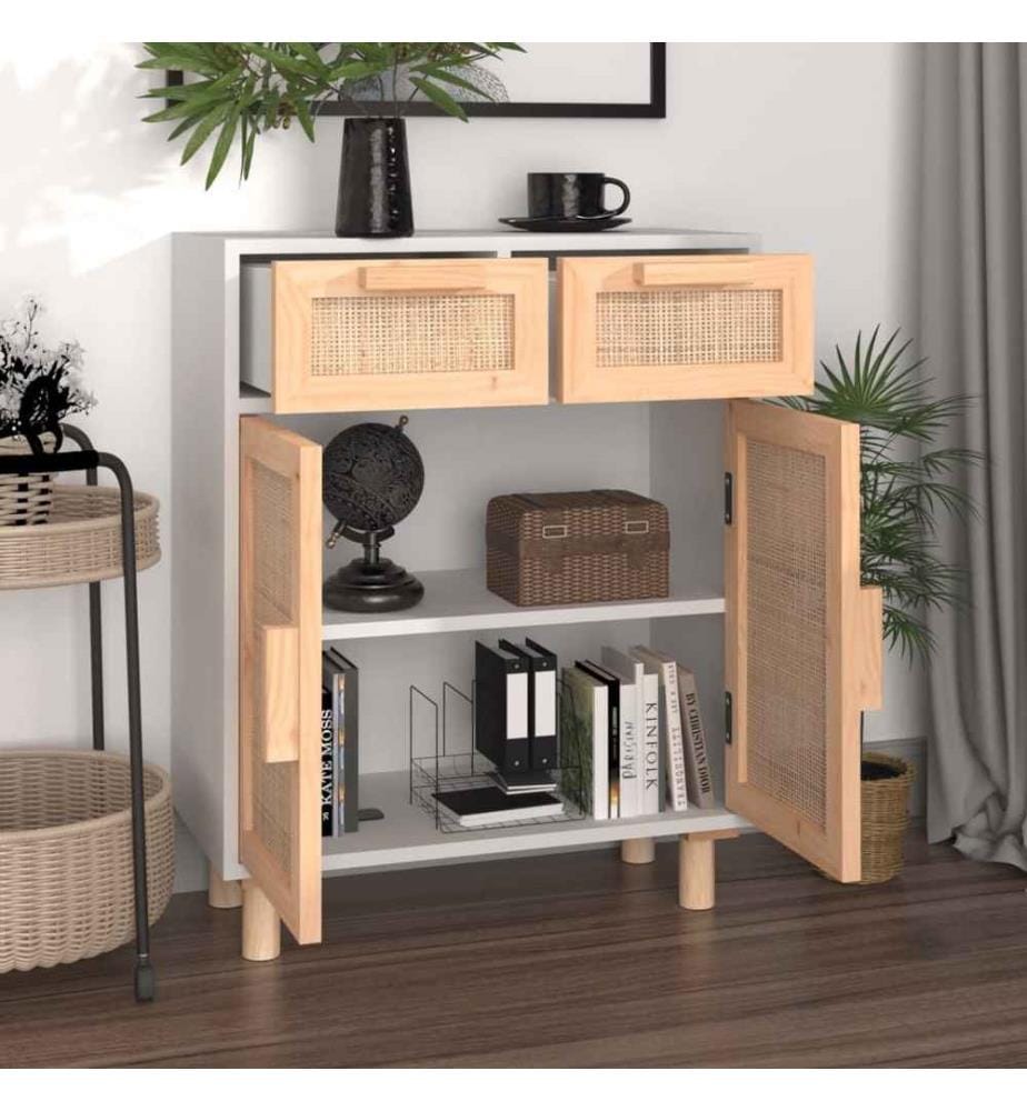 Sideboard Weiss 60x30x75 cm Massivholz Kiefer und Natur-Rattan