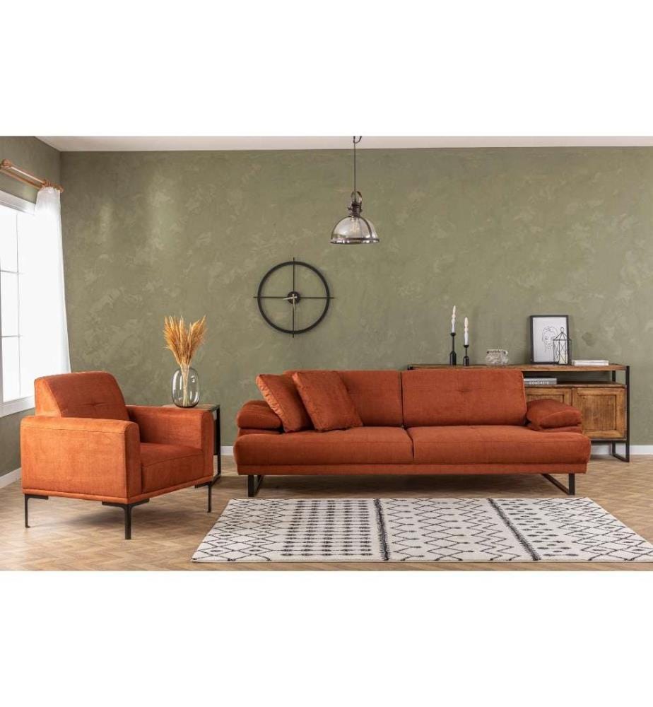 3-Seat Sofa-Bed, Orange, Beech Wood - Chipboard Frame, Polyester Fabric