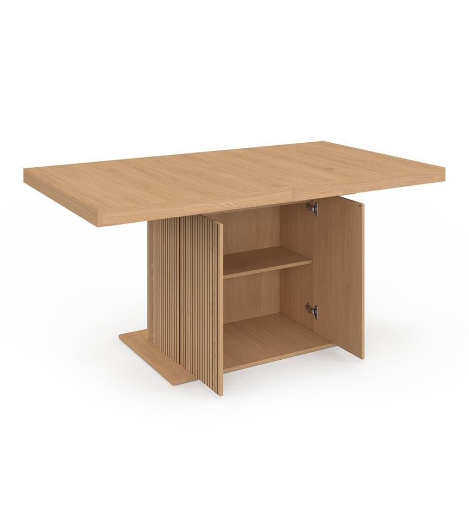 Tavolo da pranzo allungabile Faustine in legno con gambe a doghe e contenitore incorporato 160-200cm