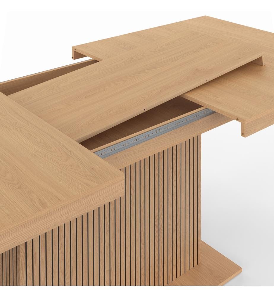 Tavolo da pranzo allungabile Faustine in legno con gambe a doghe e contenitore incorporato 160-200cm