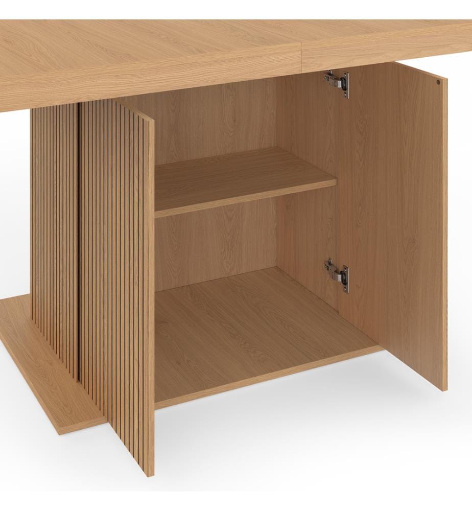 Tavolo da pranzo allungabile Faustine in legno con gambe a doghe e contenitore incorporato 160-200cm