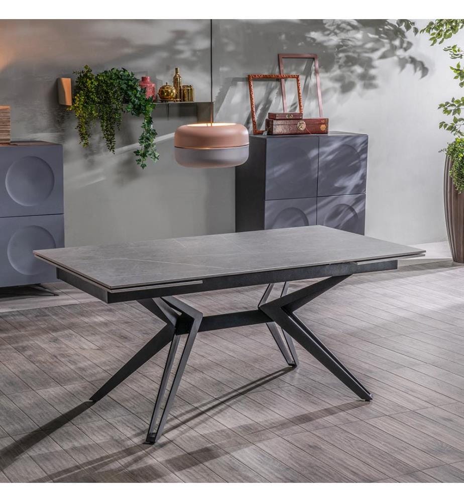 Match Ausziehbarer Tisch 160/240x90 cm - Grauer Marmor und Schwarz