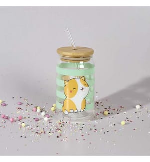 Verre avec Couvercle Bambou et Paille Kawaii 45 cl (Modèle aléatoire, 1 parmi 3) - Transparent