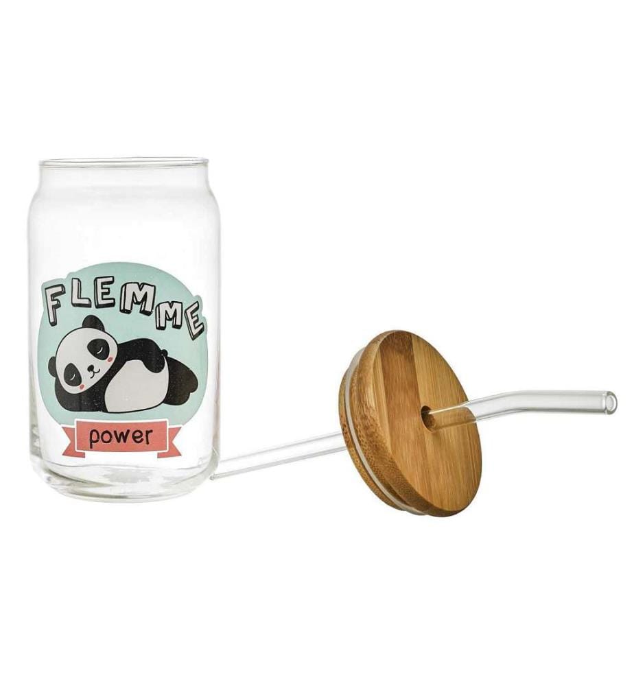Verre avec Couvercle Bambou et Paille Kawaii 45 cl (Modèle aléatoire, 1 parmi 3) - Transparent