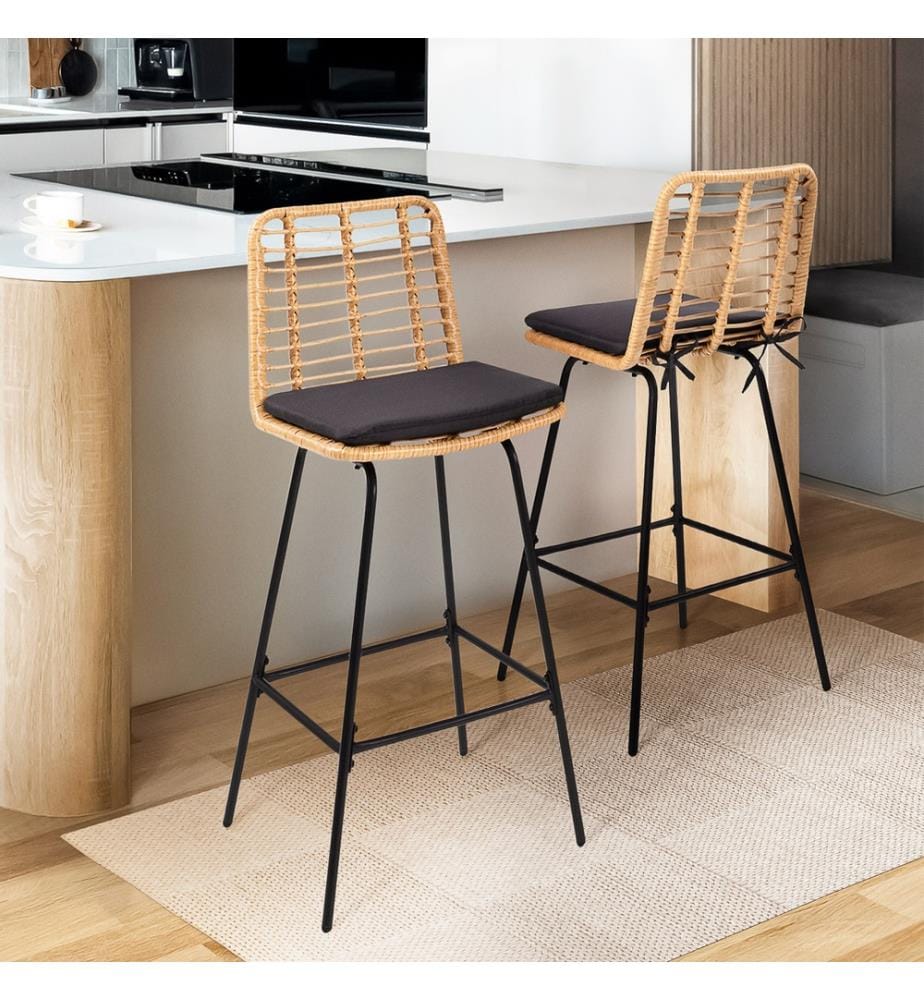 2er-Set Barhocker Cuba im Rattanstil mit Kissen
