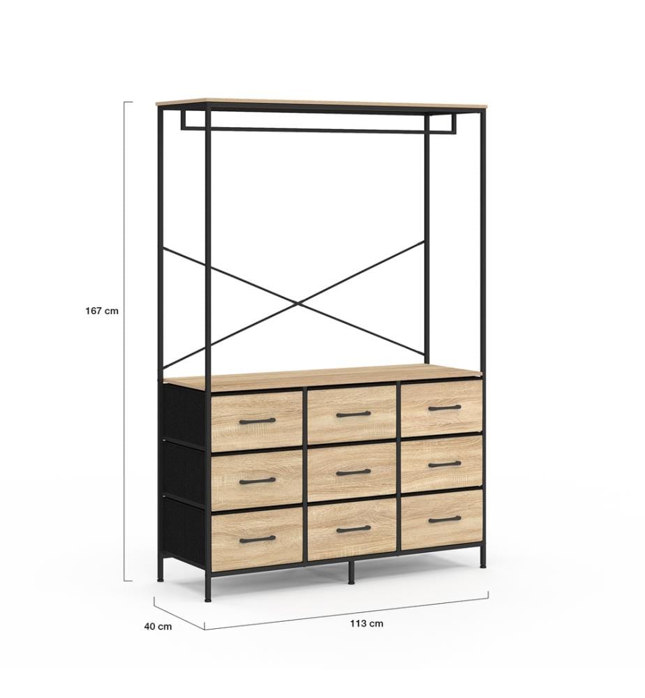 Ankleidezimmer Iris Kleiderschrank und 9 Schubladen Holz und Schwarz