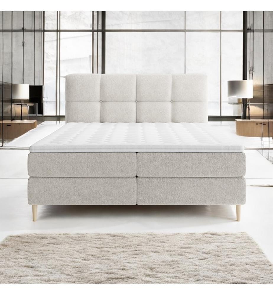 Modern Capiton style headboard, box, mattress and overlay included - beige - size 180x200cm
