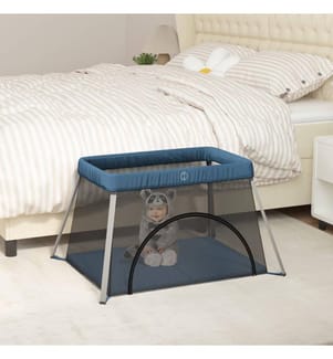 Baby-Laufstall mit Matratze Marineblau Leinenstoff