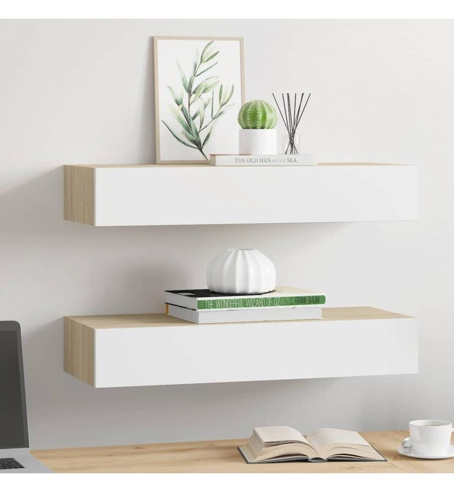 Wandschubladenregale 2 Stk. Eiche und Weiss 60x23,5x10cm MDF