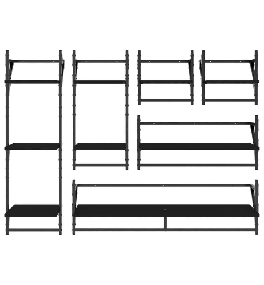 6-tlg. Wandregal-Set mit Stangen Schwarz Holzwerkstoff