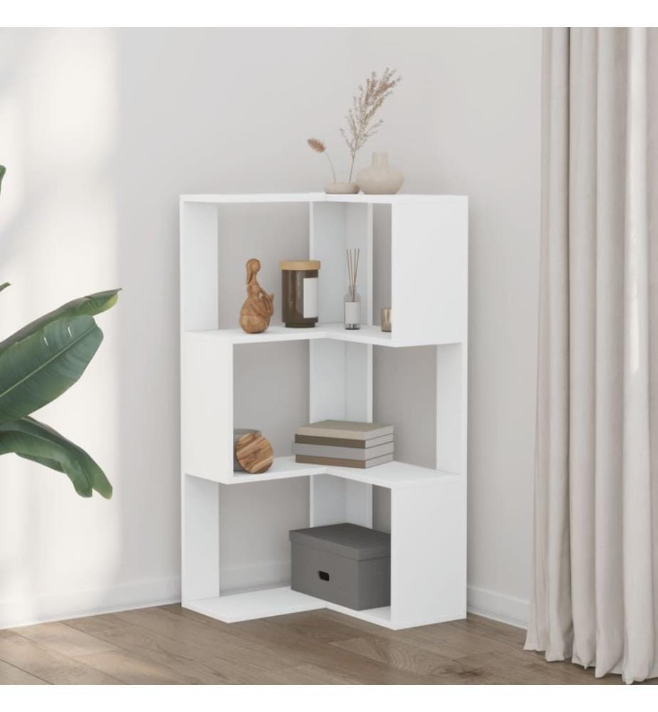 Bibliothèque d'angle à 3 niveaux blanc bois d'ingénierie