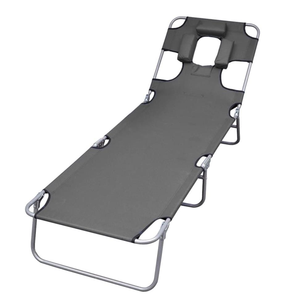 Chaise longue pliable et coussin de tête Dossier réglable Gris