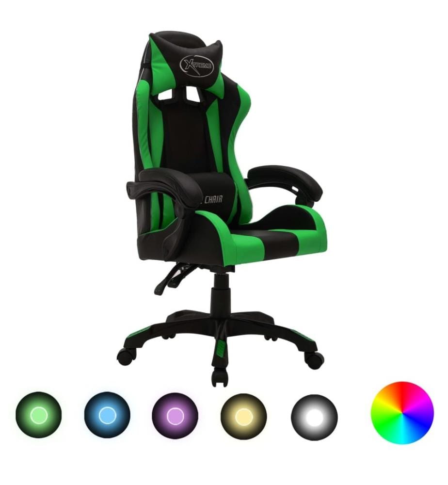 Fauteuil de jeux vidéo avec LED RVB Vert et noir Similicuir
