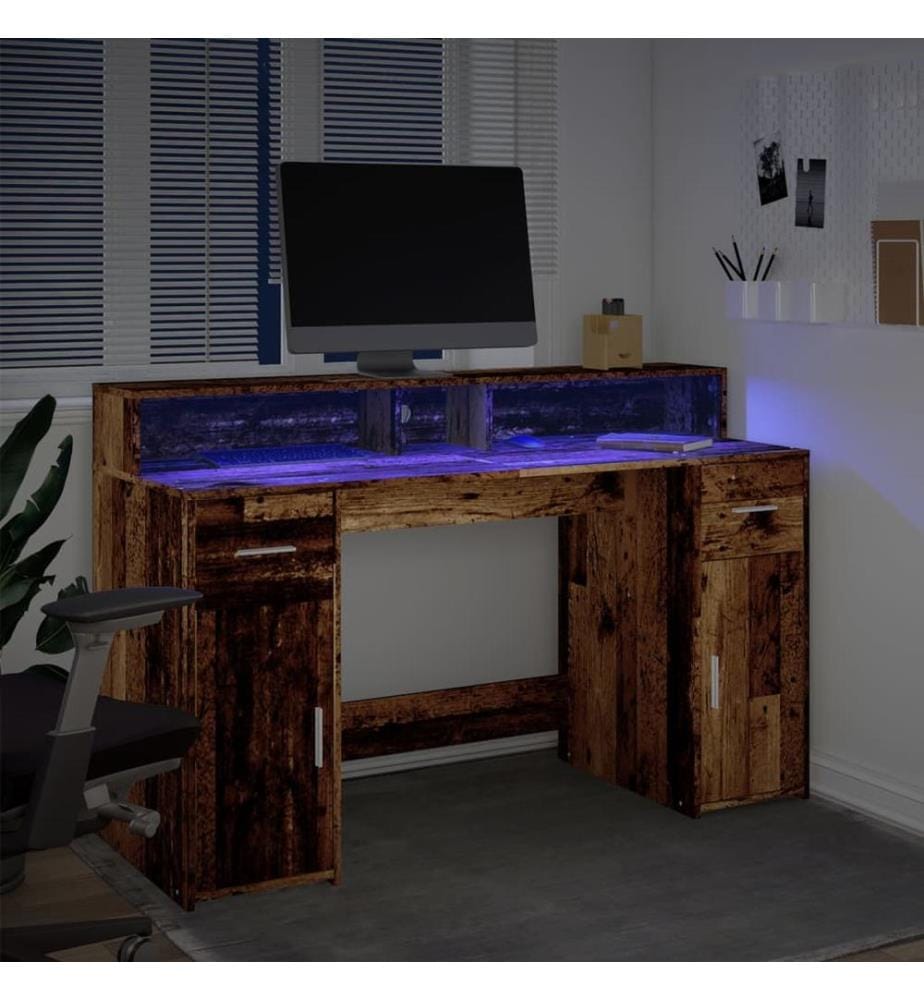 Bureau avec lumières LED vieux bois bois d'ingénierie