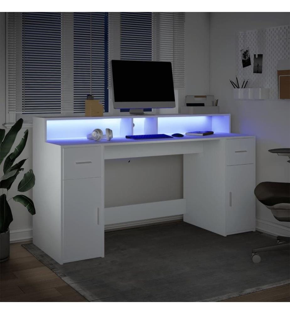 Bureau avec lumières LED blanc 160x55x91 cm bois d'ingénierie