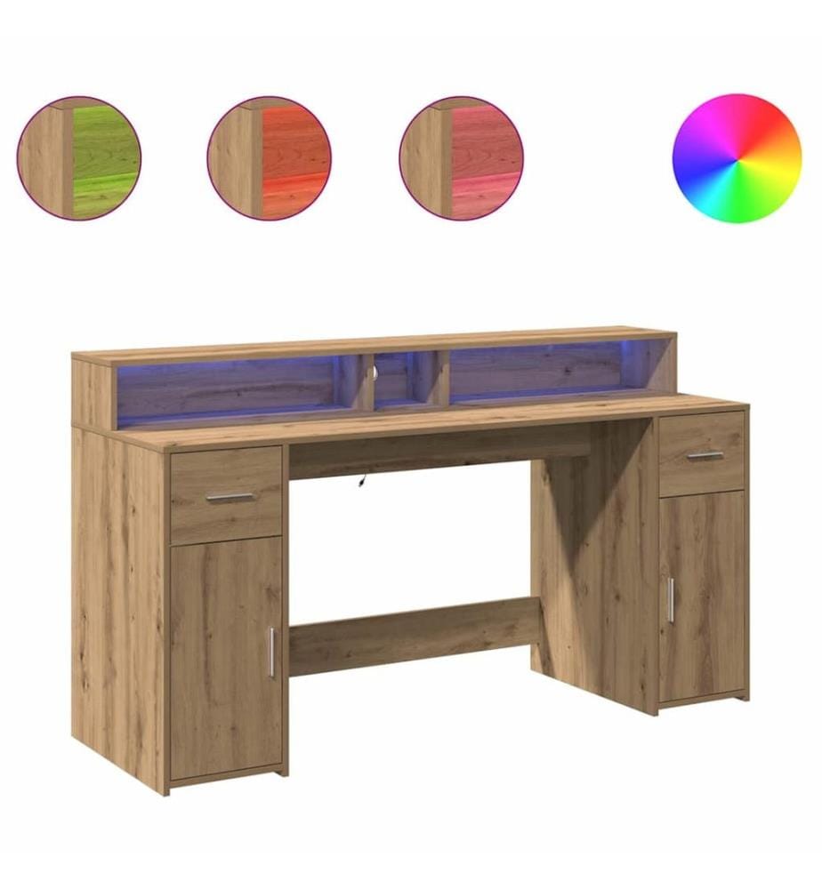 Bureau avec lumières LED chêne artisanal bois d'ingénierie