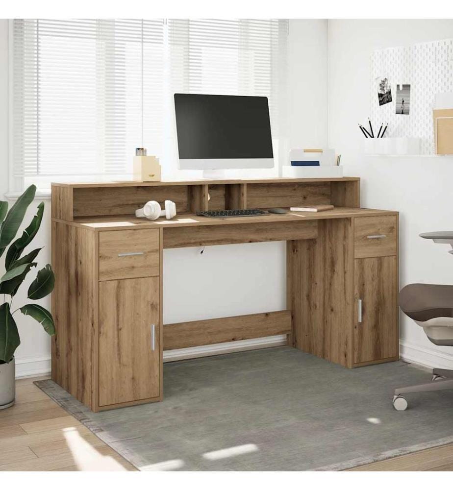 Bureau avec lumières LED chêne artisanal bois d'ingénierie