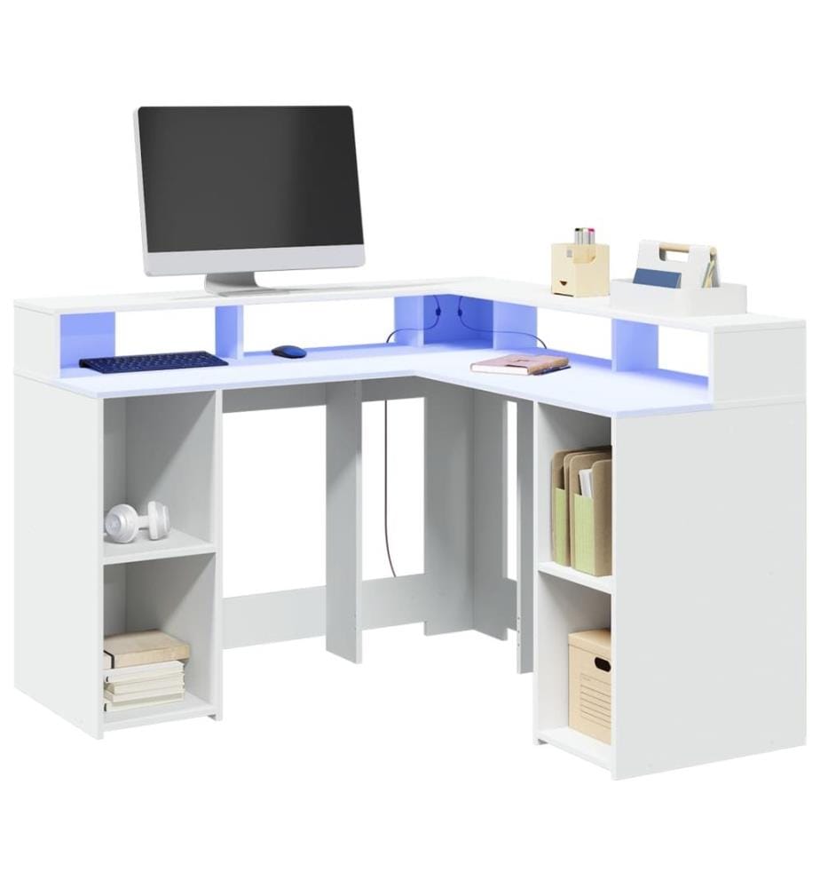 Bureau avec lumières LED blanc 130x130x91 cm bois d'ingénierie